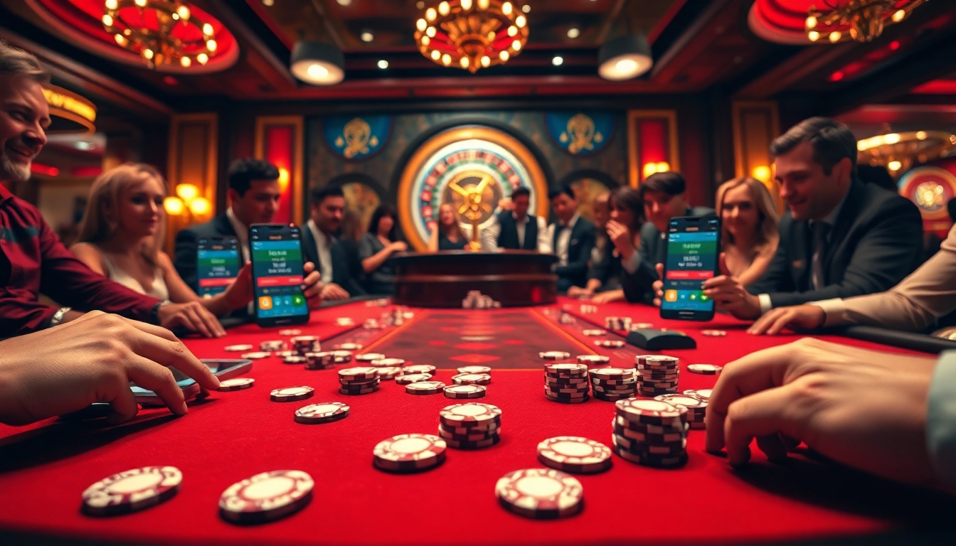 Excited players engaging in a thrilling Tha bet poker game at a luxurious casino table.