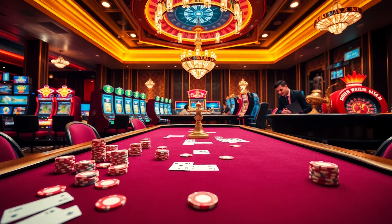 Lc88 gaming table with poker chips and cards creating an electrifying gambling atmosphere.