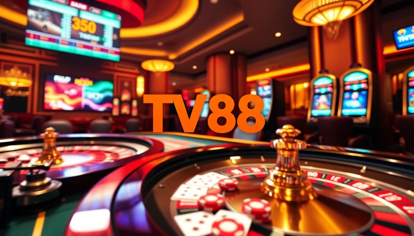 Engaging casino scene with roulette and poker chips showcasing tv88 in an exciting atmosphere.