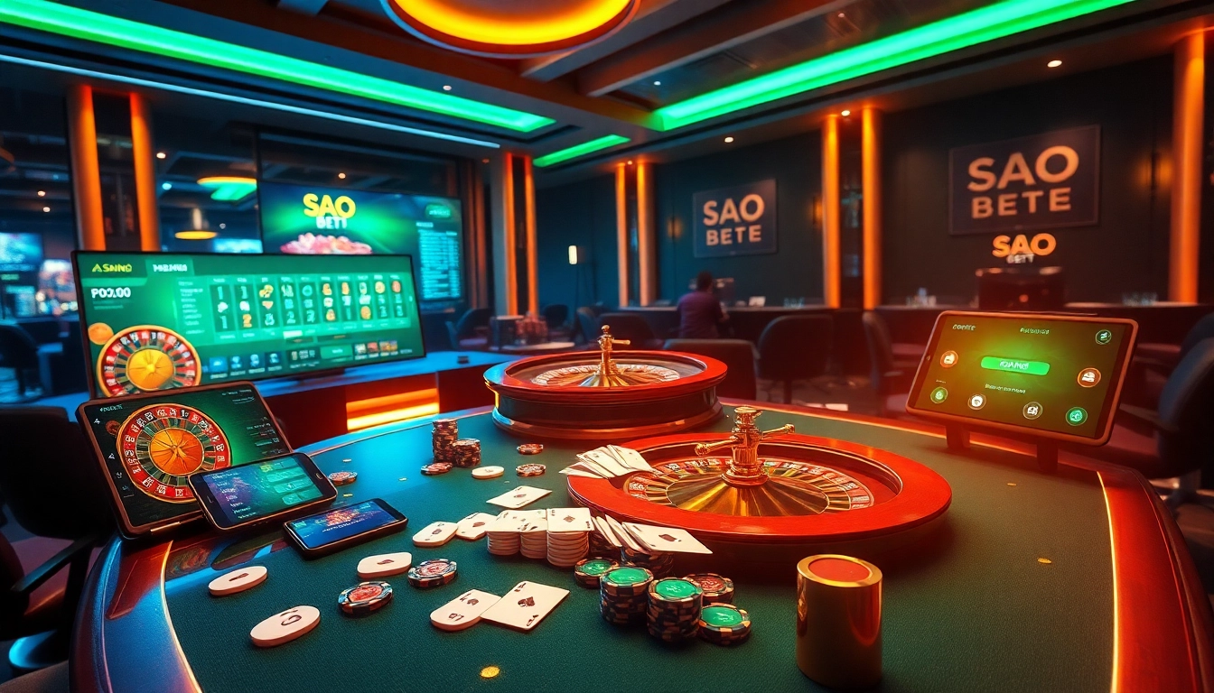 SAO BET online gambling scene showcasing dynamic gameplay with roulette, cards, and chips.