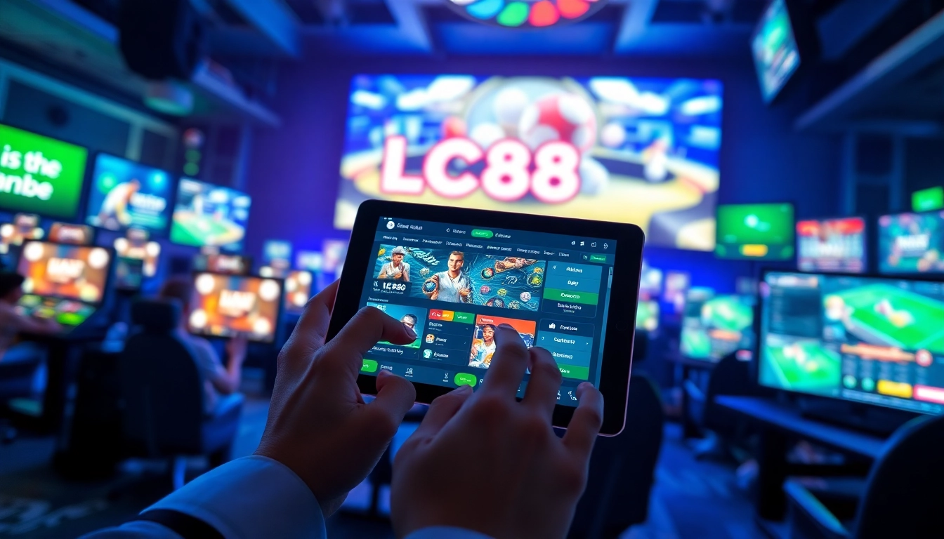 Engaging scene of a user interacting with LC88 Win online betting platform, showcasing excitement and vibrant gaming atmosphere.