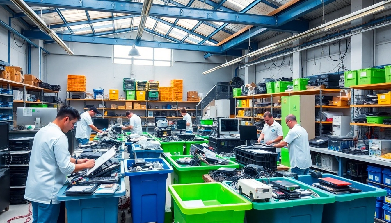 Engaging IT recycling Reading process with technicians sorting e-waste in a clean facility.