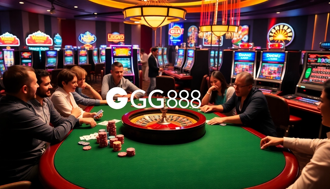 Excited players engage in poker at GG88 casino, surrounded by vibrant slot machines and poker chips.