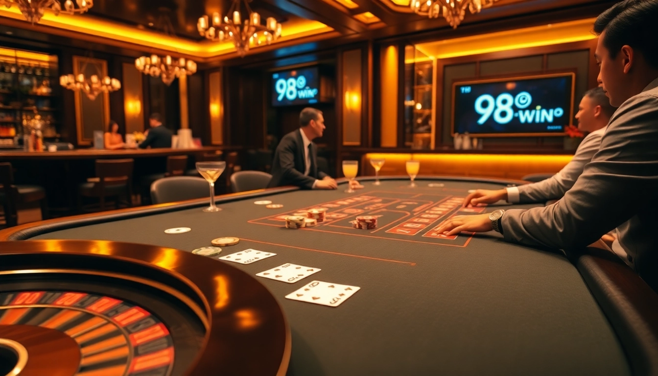 Experience the thrill of 98 win at an elegant casino poker table with chips and cards.