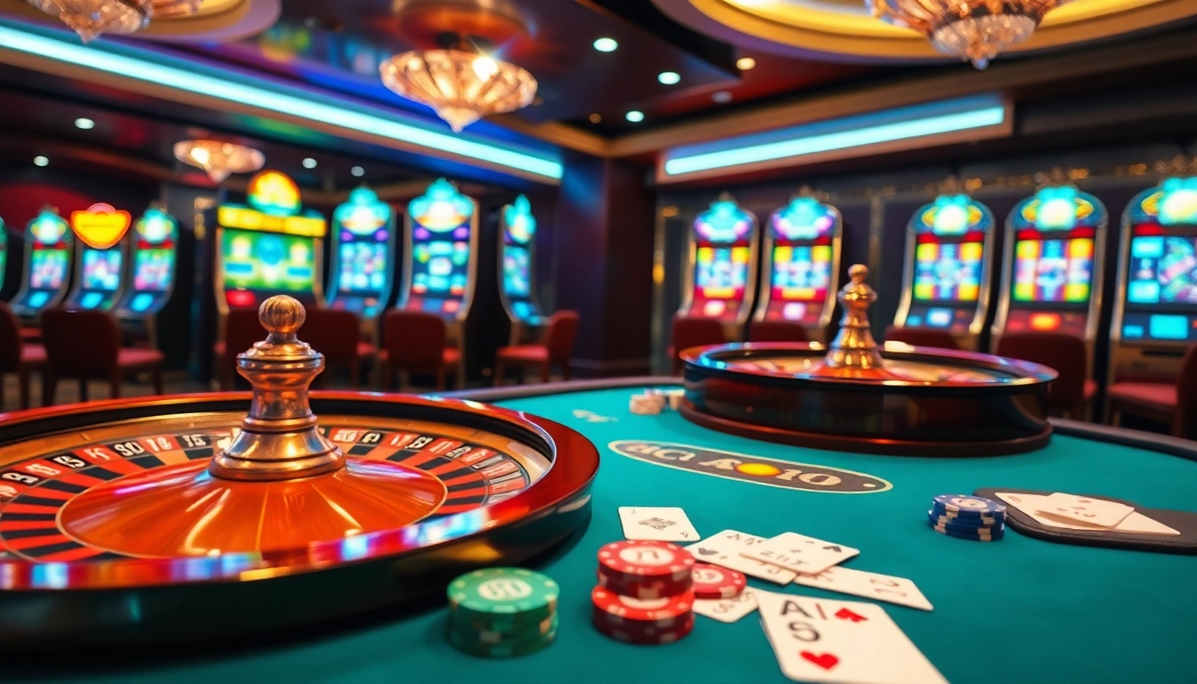 Hello88 casino scene showcasing vibrant gambling with cards and roulette wheel.