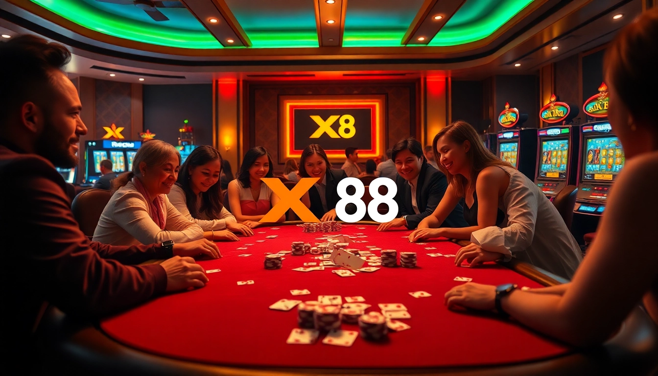 Players enjoying an exciting game of poker at XX 88 casino with vibrant colors and luxury ambiance.