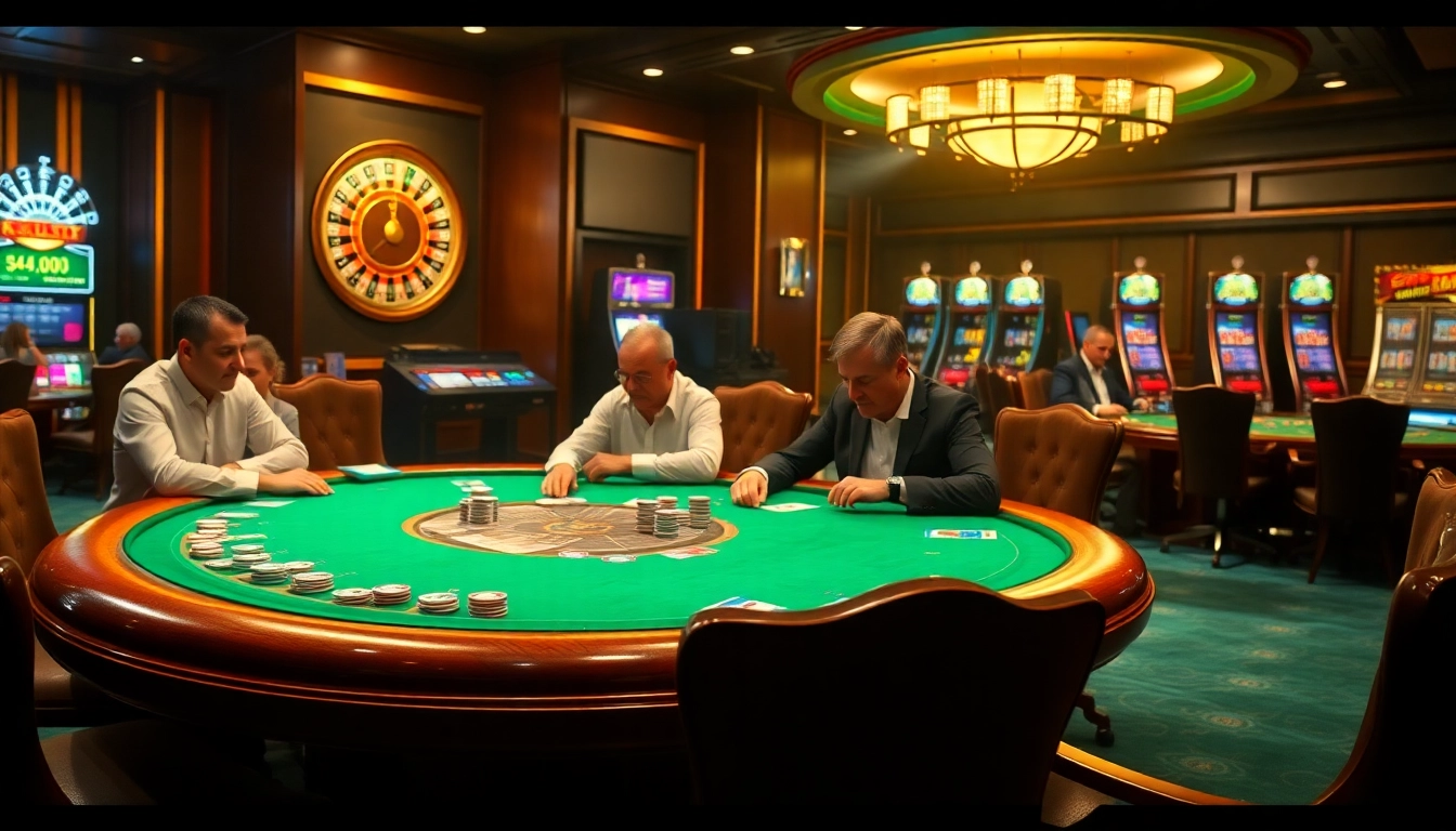 Engage in thrilling poker action at https://99win1.us.com/, highlighting luxury casino elements and vibrant gameplay.