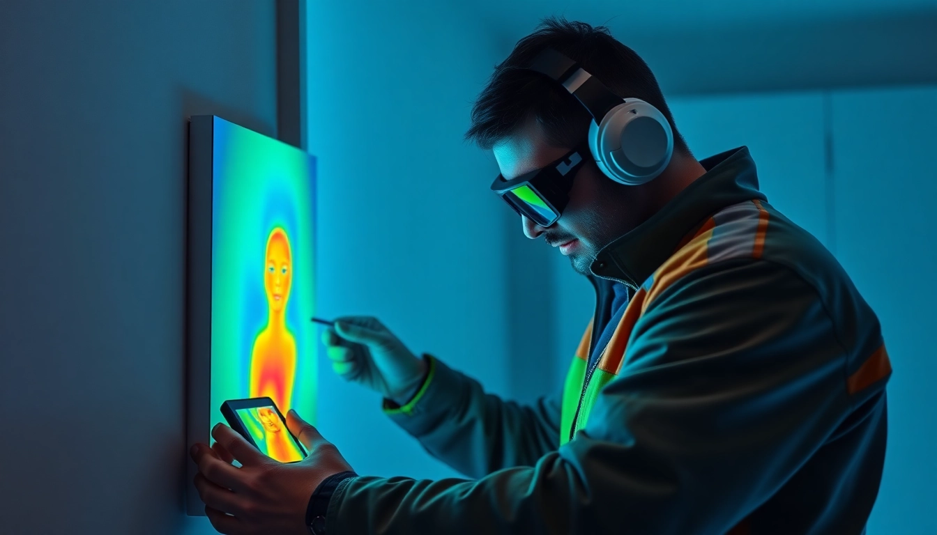 Water leak detection expert utilizing advanced technology to identify leaks behind walls in a domestic setting.