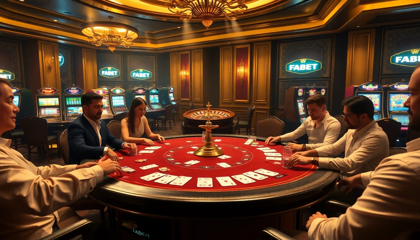 FABET players engaging in thrilling poker action at a luxurious casino table.