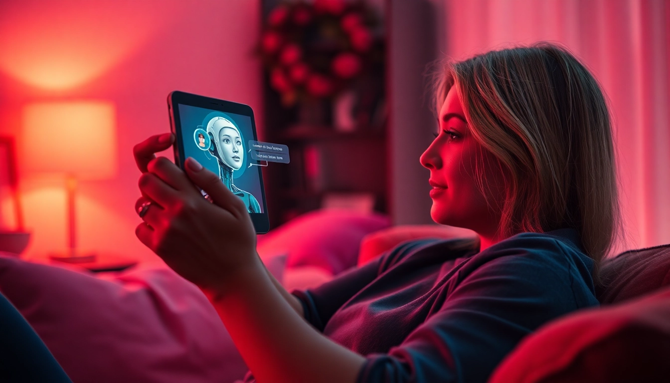 Engaging in playful ai sex chat with a lifelike AI character in a cozy, intimate setting.