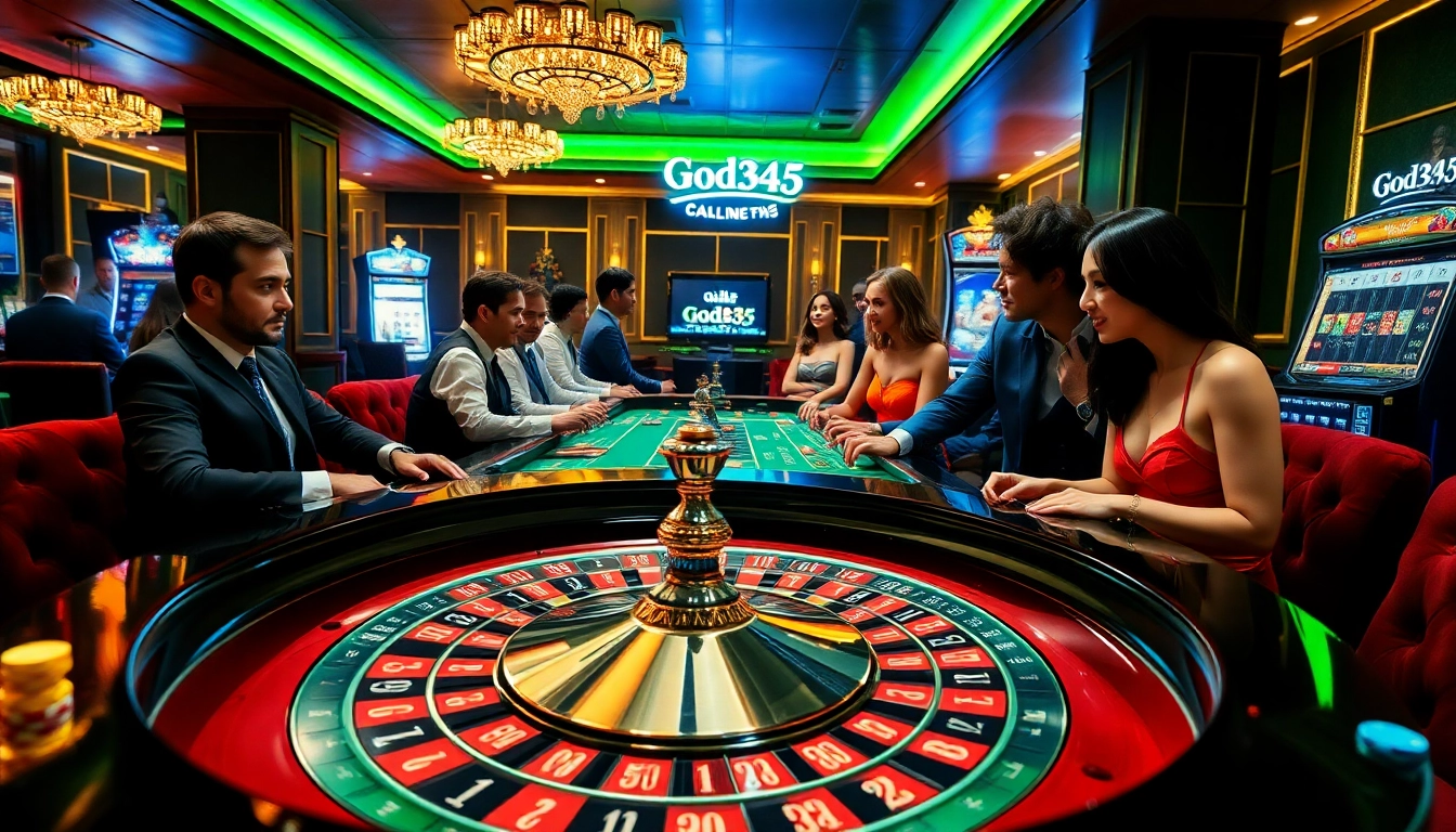 Experience the thrill of God345 as players engage at a luxurious roulette table filled with vibrant chips and cards.
