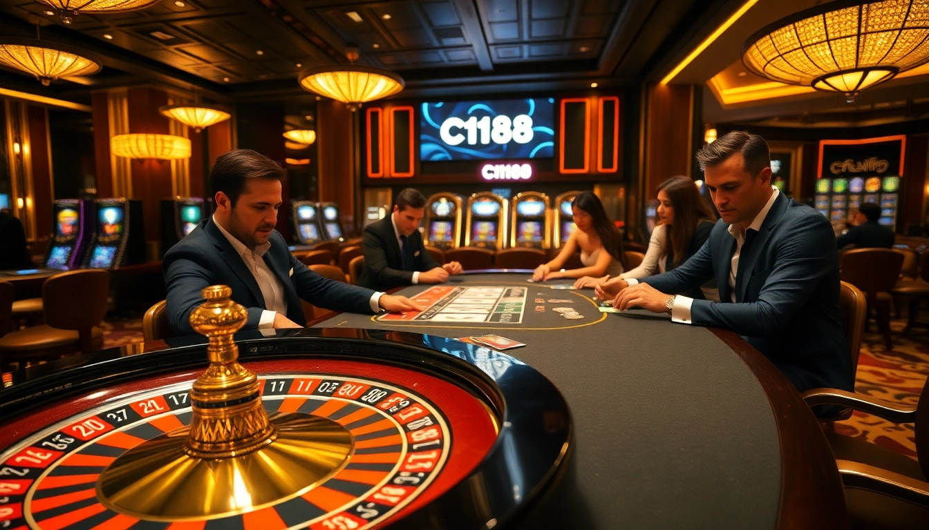Professional casino scene with C168 branding, featuring poker and roulette tables.