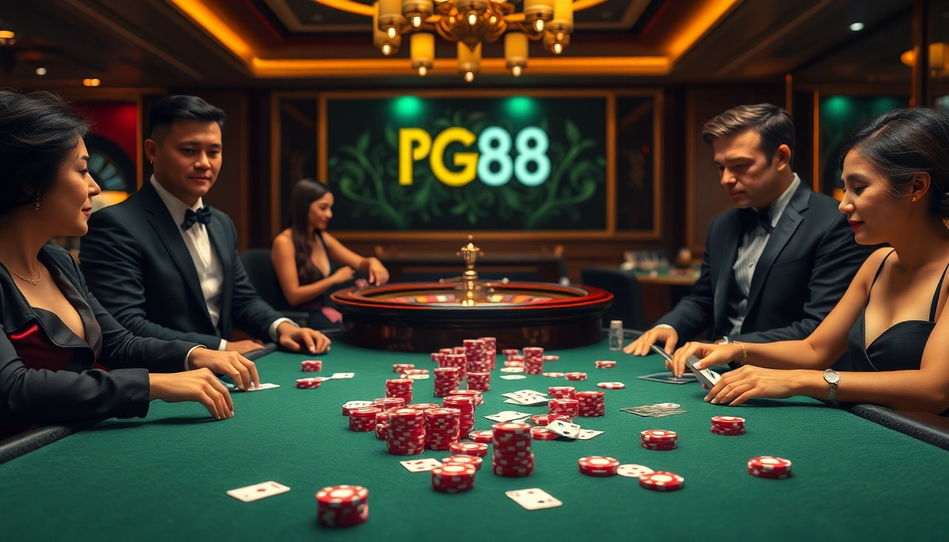 Players strategizing at a luxurious PG88-themed poker table in a vibrant casino.