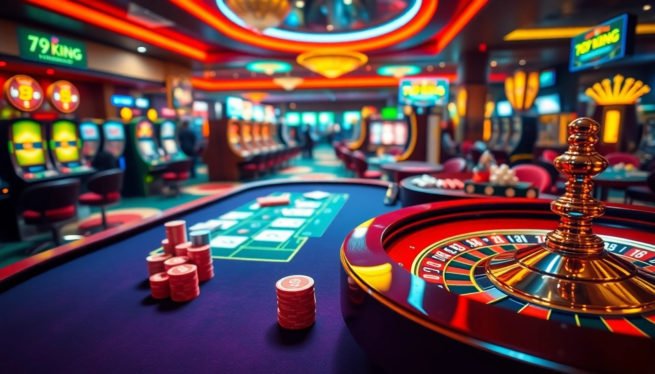 Winning strategies at 79king alongside vibrant casino elements like poker chips and roulette wheels.