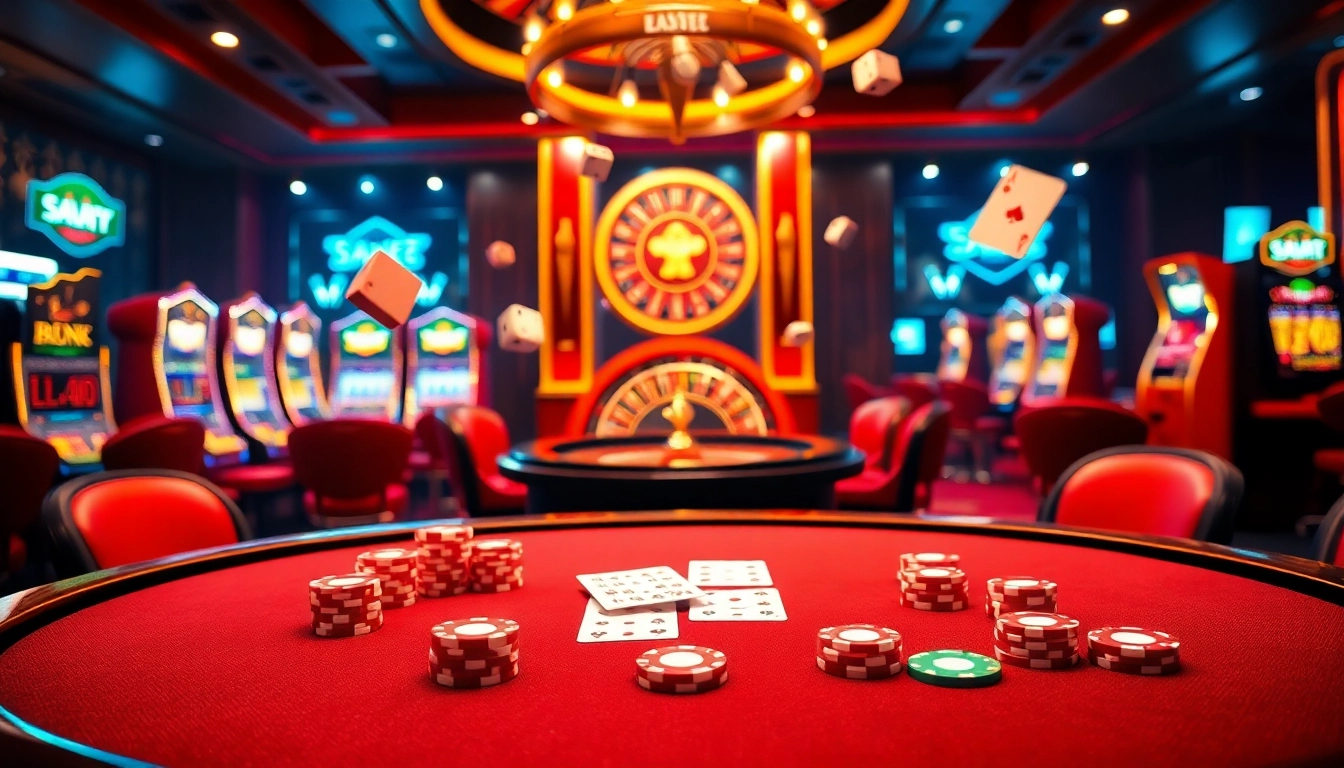 Engaging casino scene at https://okkingok.net/, showcasing poker chips, cards, and slot machines in a vibrant setting.