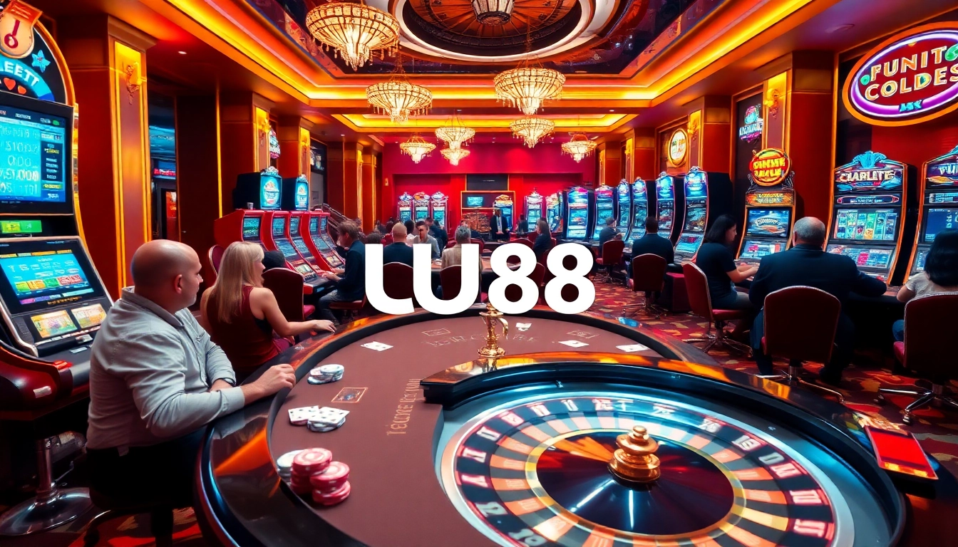 Players enjoying an exciting poker game at UU88 casino with vibrant slot machines in the background.