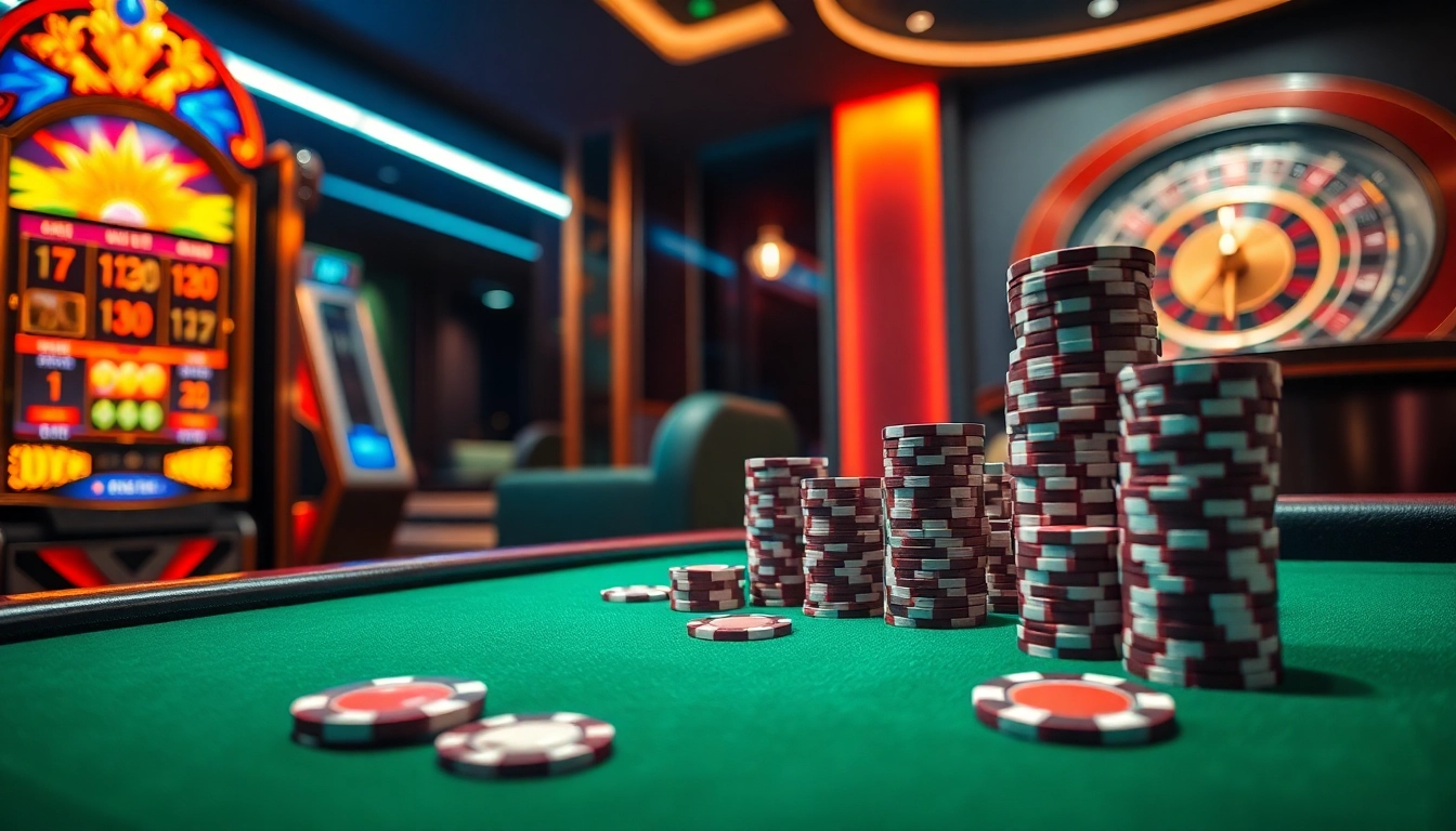 Experience the excitement of MM88 with vibrant slot machines and poker chips in a luxurious casino setting.