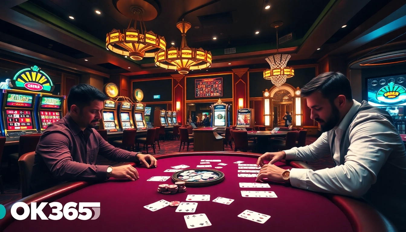 Experience a thrilling poker game scene at OK365 with vibrant casino elements.