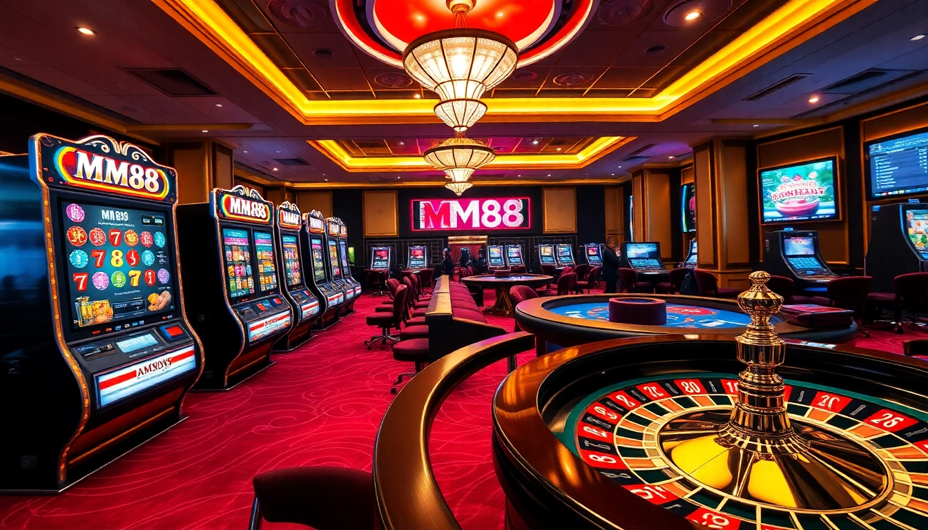 Engaging with MM88 online casino games, showcasing vibrant slot machines and poker chips.