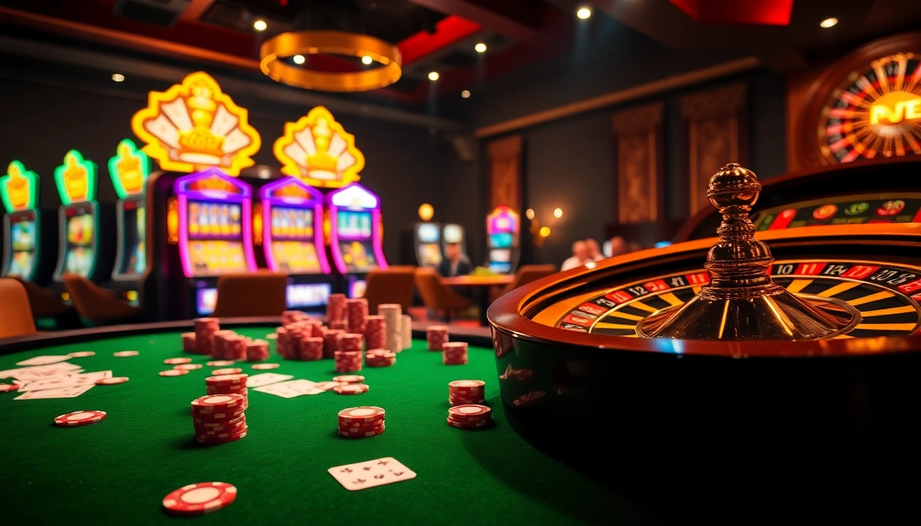 Experience the thrill of e2bet with an exciting casino scene showcasing poker chips, cards, and vibrant slot machines.