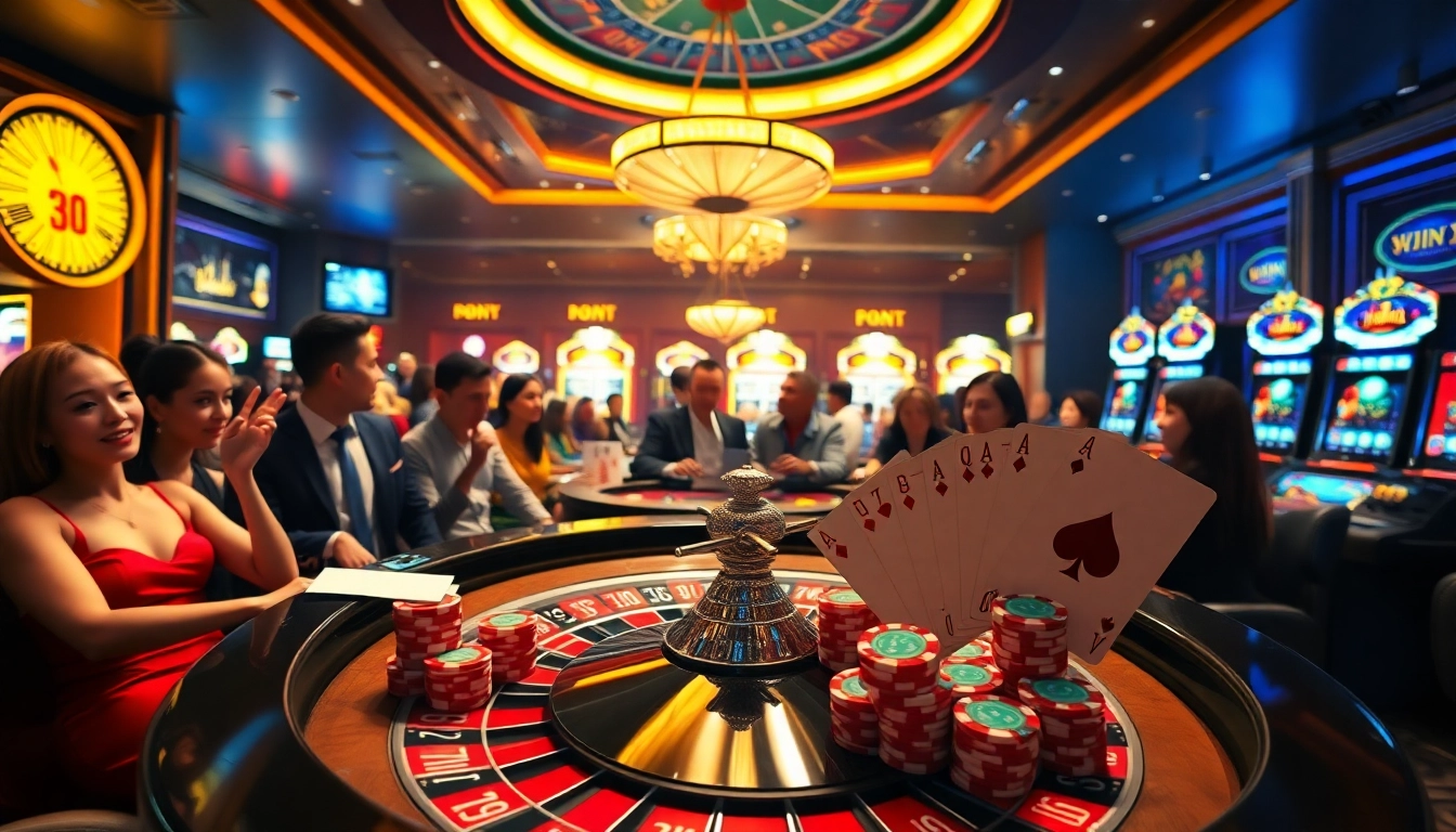 Action-packed scene of gamblers enjoying 88i nhà cái with rich casino tables and winning poker hands.