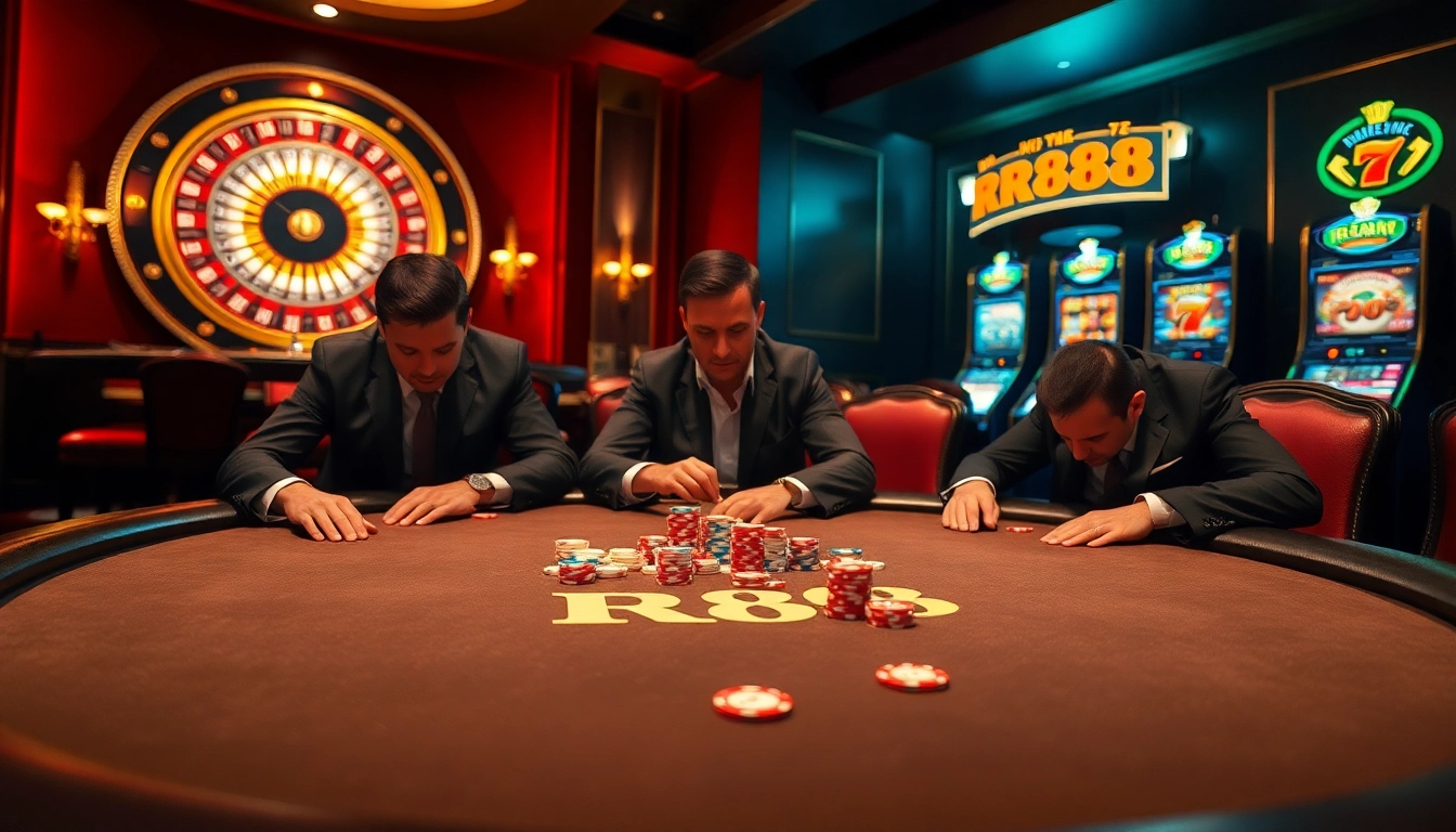 Experience the excitement of RR888 betting at a high-stakes poker table with vibrant chips and ambiance.