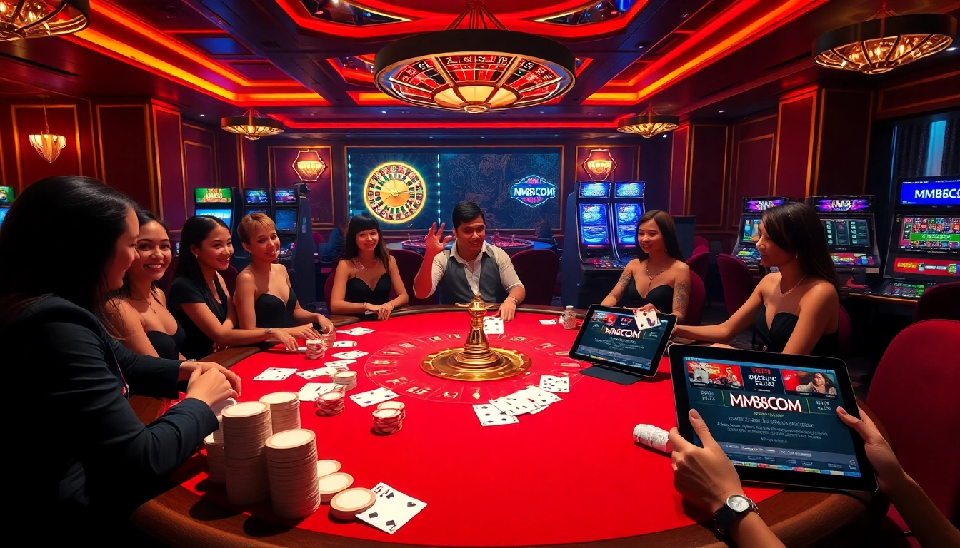 Thrilling poker action at MM88.COM with glamorous dealers and vibrant casino atmosphere.