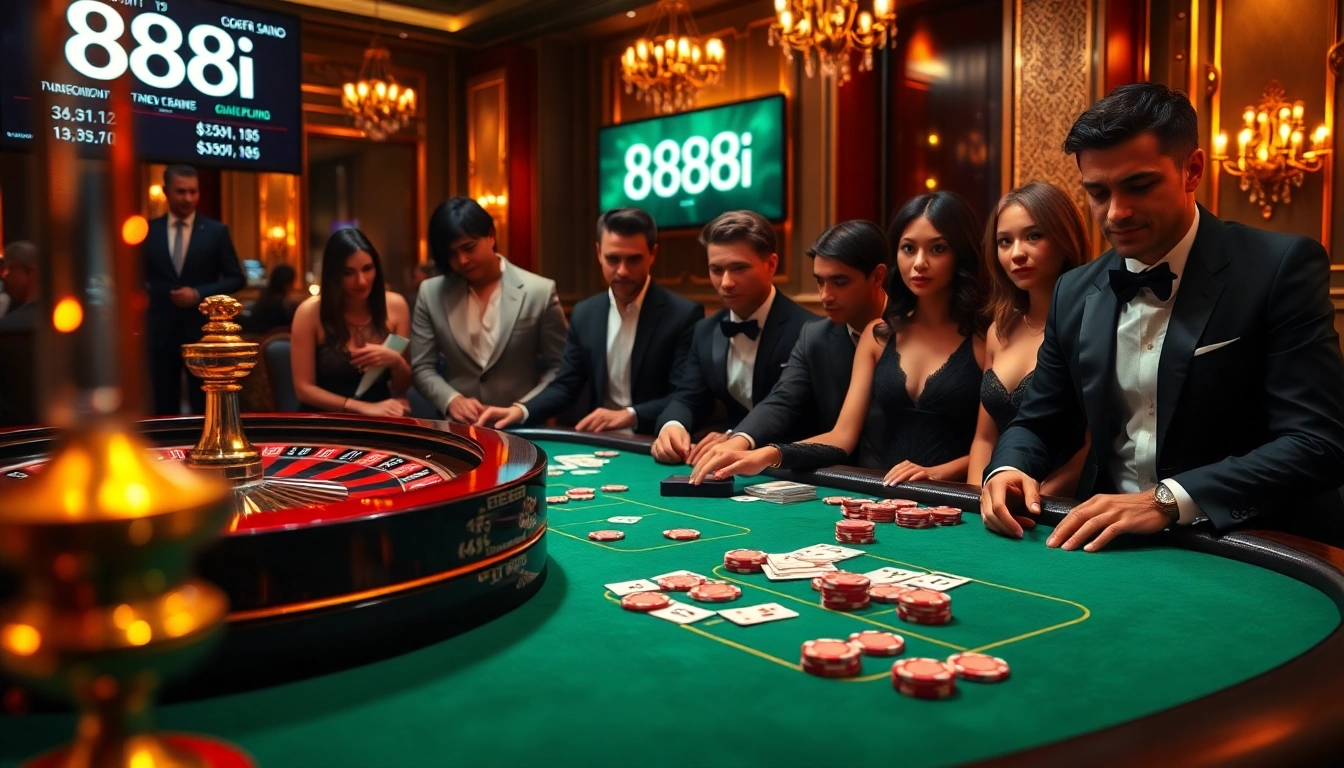 Excited gamblers strategizing at a vibrant casino table, featuring 88i poker chips and cards.
