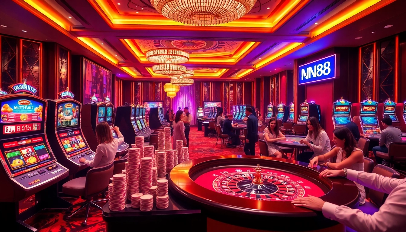 Excited players enjoy various games at DN88 casino, including roulette and slot machines.