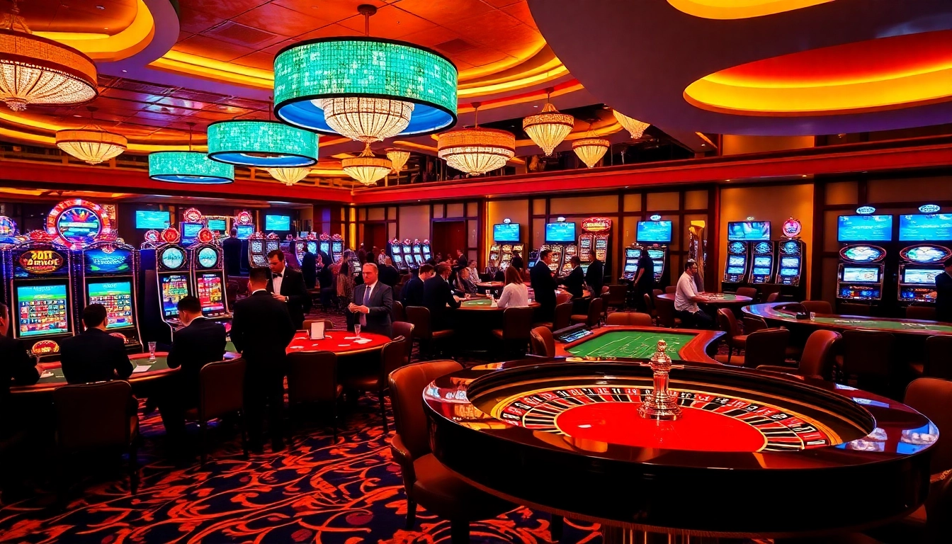 Players engaging in thrilling games at zbet's luxurious casino venue, including roulette and poker action.