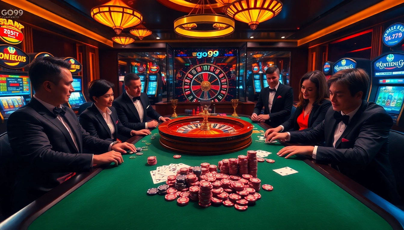 Players enjoying intense poker gameplay at Go99 luxury casino with vibrant atmosphere.