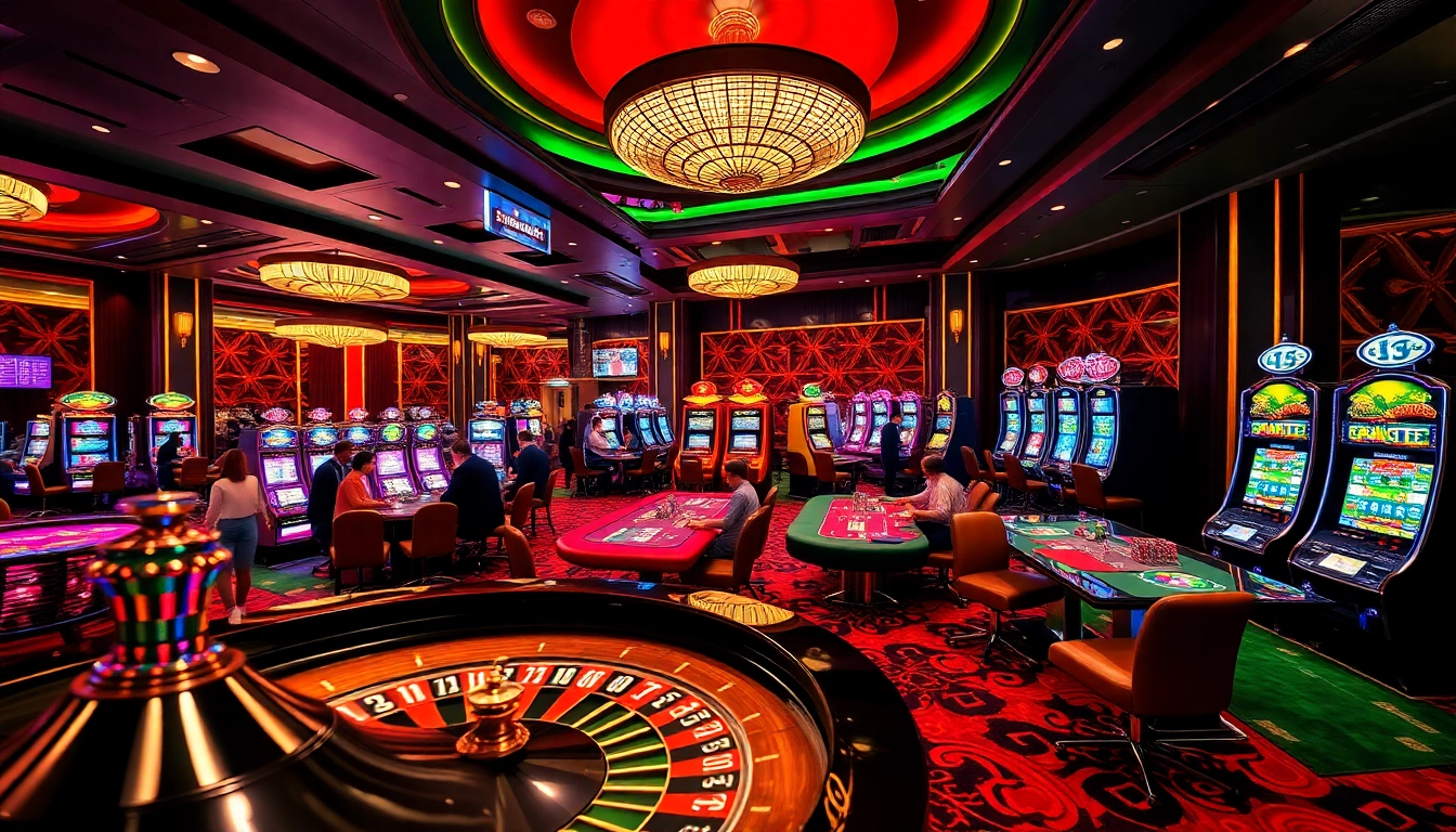 Exciting gambling scene with roulette, poker, and go88-themed decor in a vibrant casino.