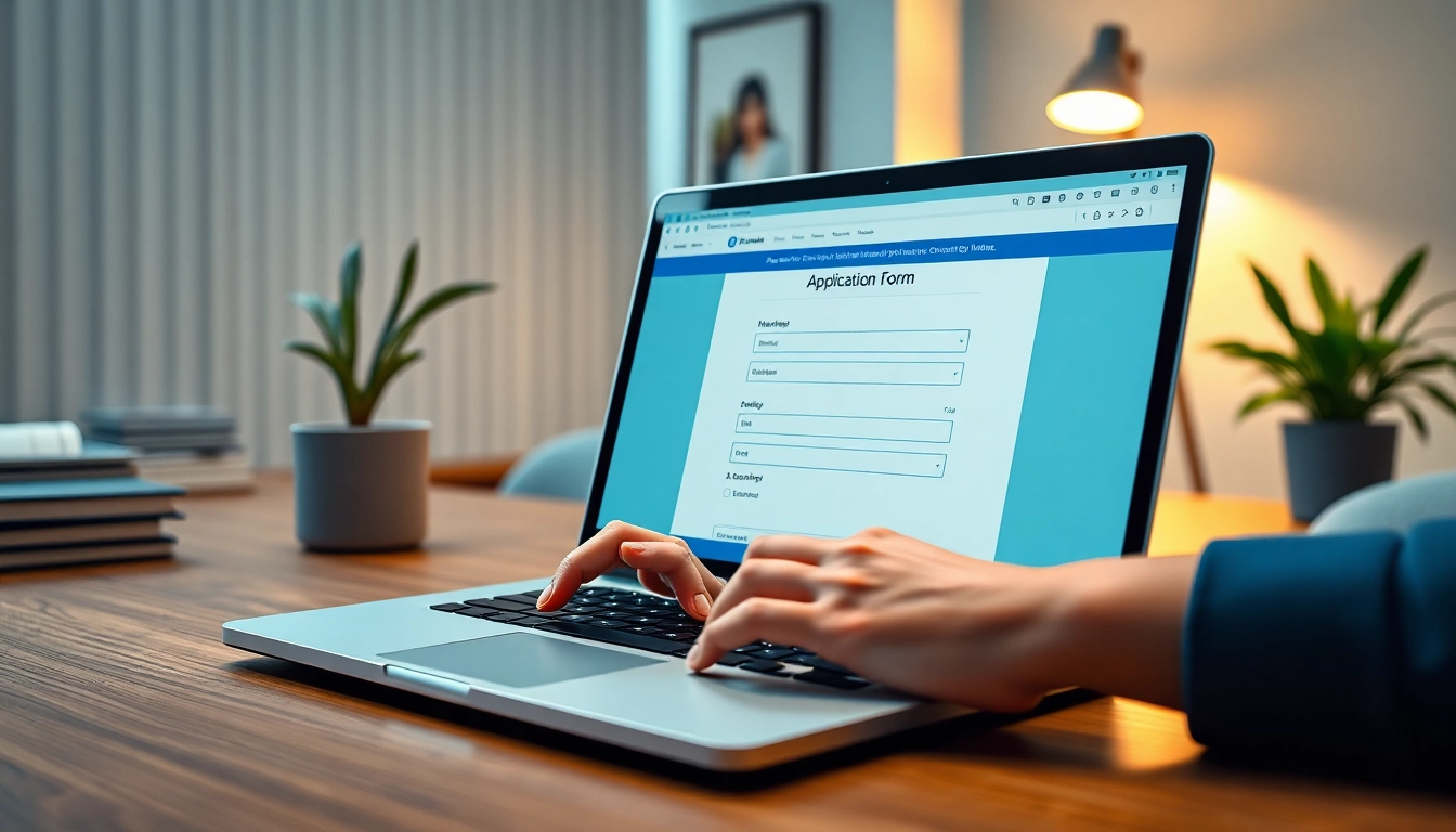 Completing the eta uk application form on a laptop in a professional workspace.