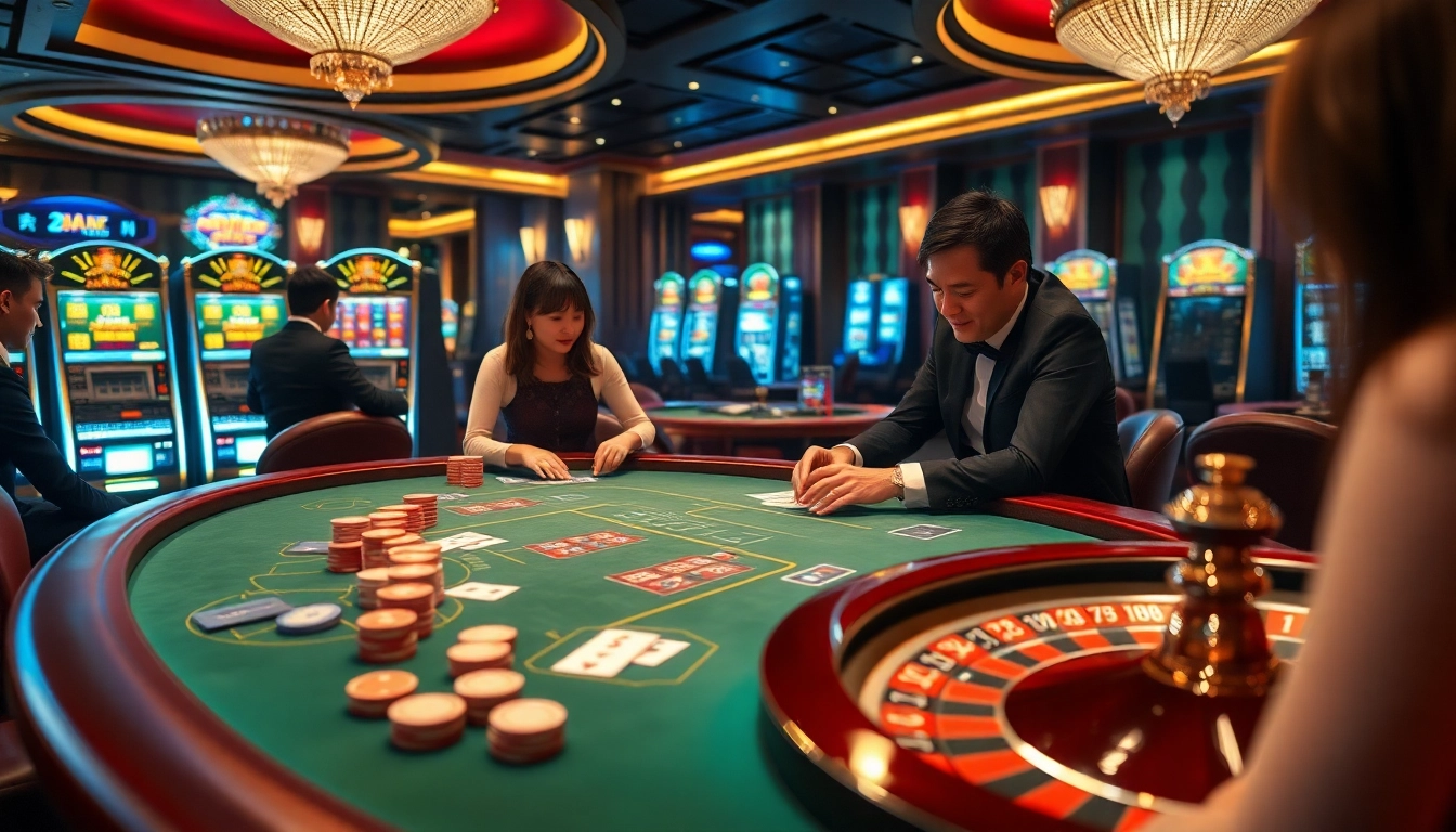 Exciting casino scene featuring xin88 poker table with vibrant chips and roulette wheel.