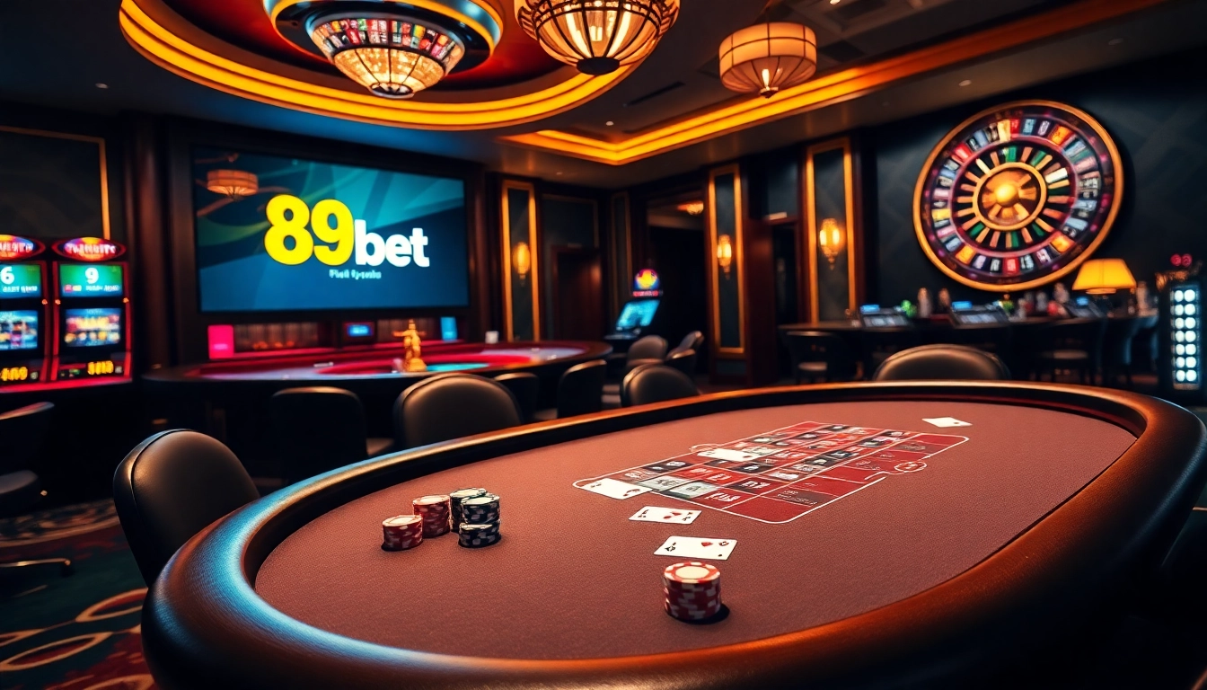Players enjoying a thrilling game at 89bet casino table with poker chips and cards.