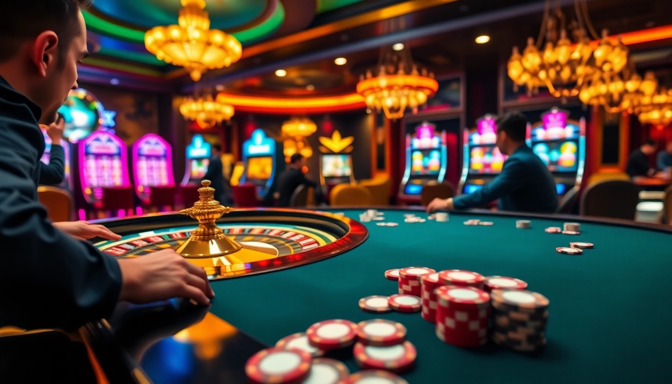 Exciting gameplay at a luxurious casino, featuring roulette and poker chips, showcasing CM88.