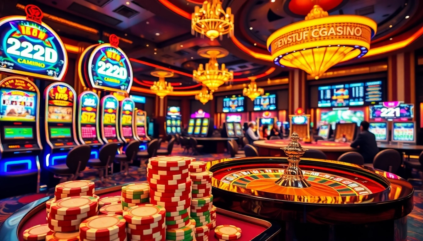 Experience the thrill of casino gaming with 222BD slot machines and roulette tables in a vibrant setting.