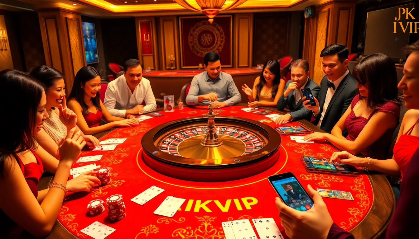 Experience the thrill of RIKVIP gaming with vibrant casino tables and excited players in a luxurious atmosphere.