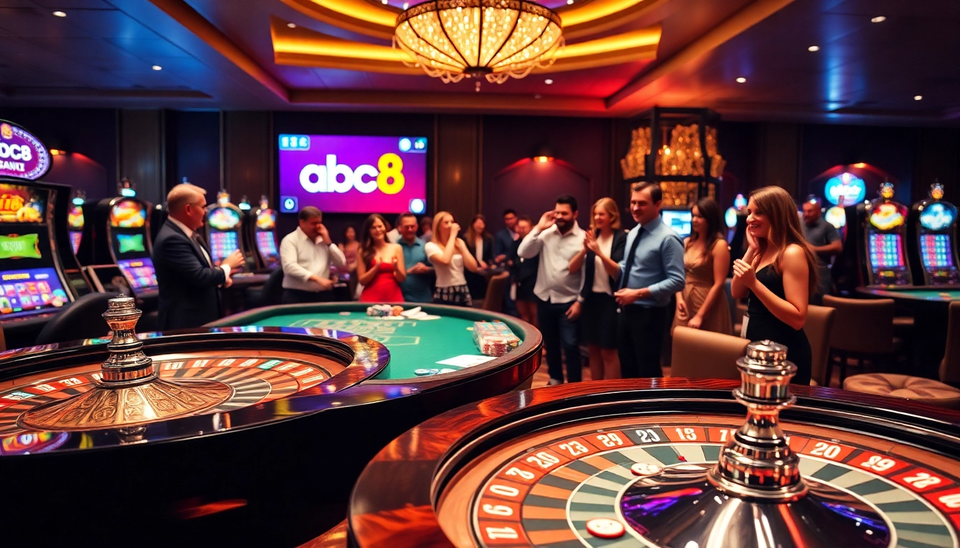 Engaging players enjoying games at abc8 casino with vibrant roulette table and chips.