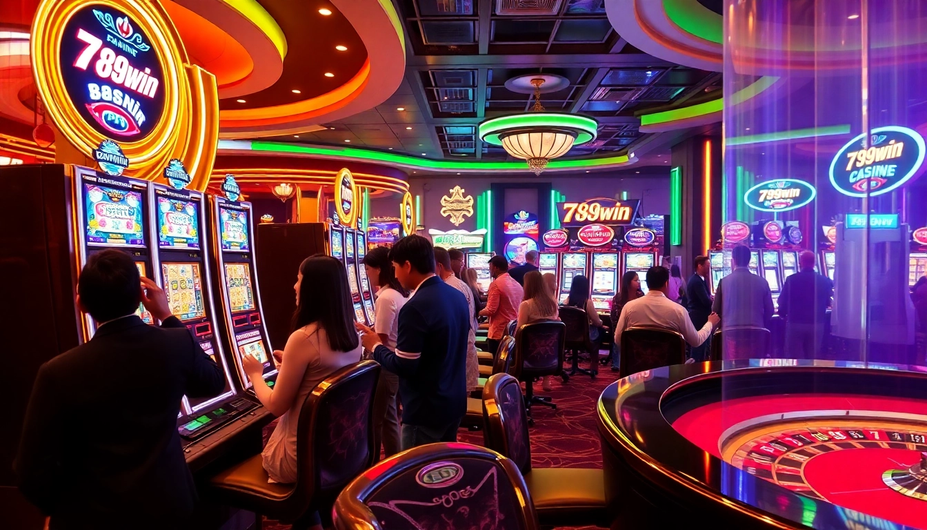 Players enjoying exciting slot games and roulette at a vibrant casino themed around 789win.