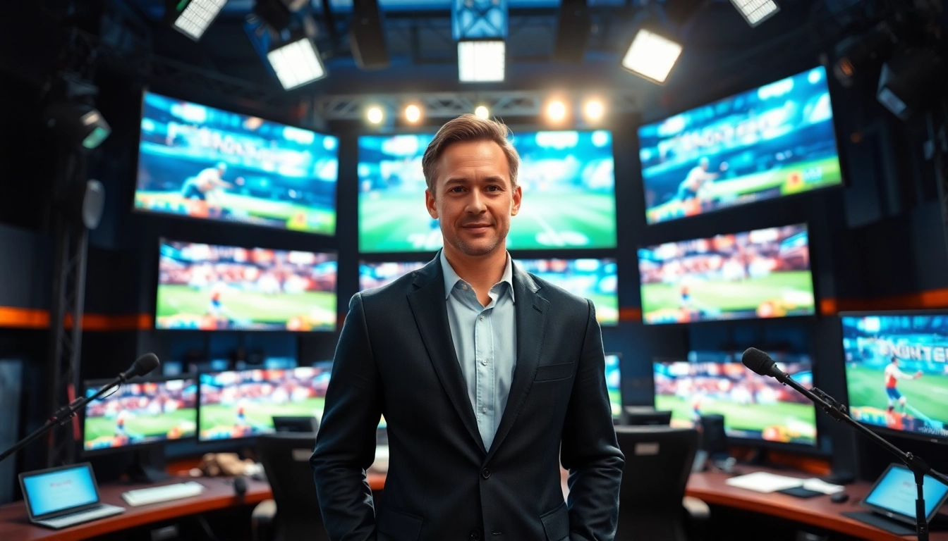 Presenter engaging in Sports Broadcasting in a vibrant studio with high-definition screens.