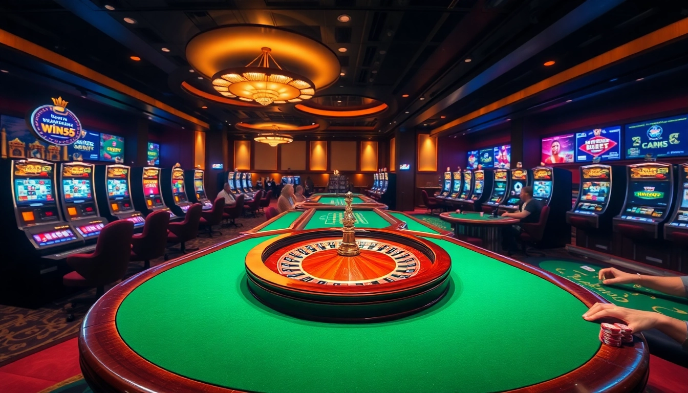 Experience the excitement of win55 with luxurious casino elements, roulette, and vibrant slots.