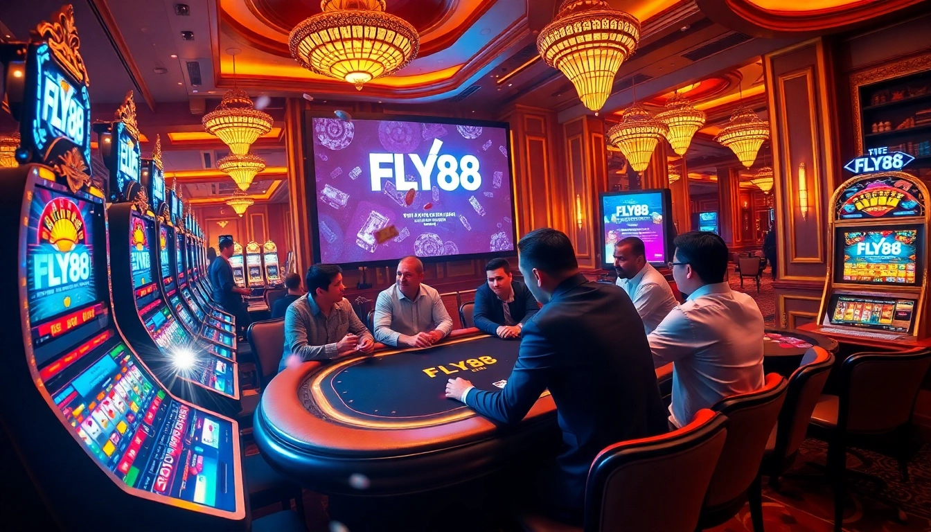 Players enjoying a thrilling poker game at the FLY88 casino, filled with excitement and luxury.