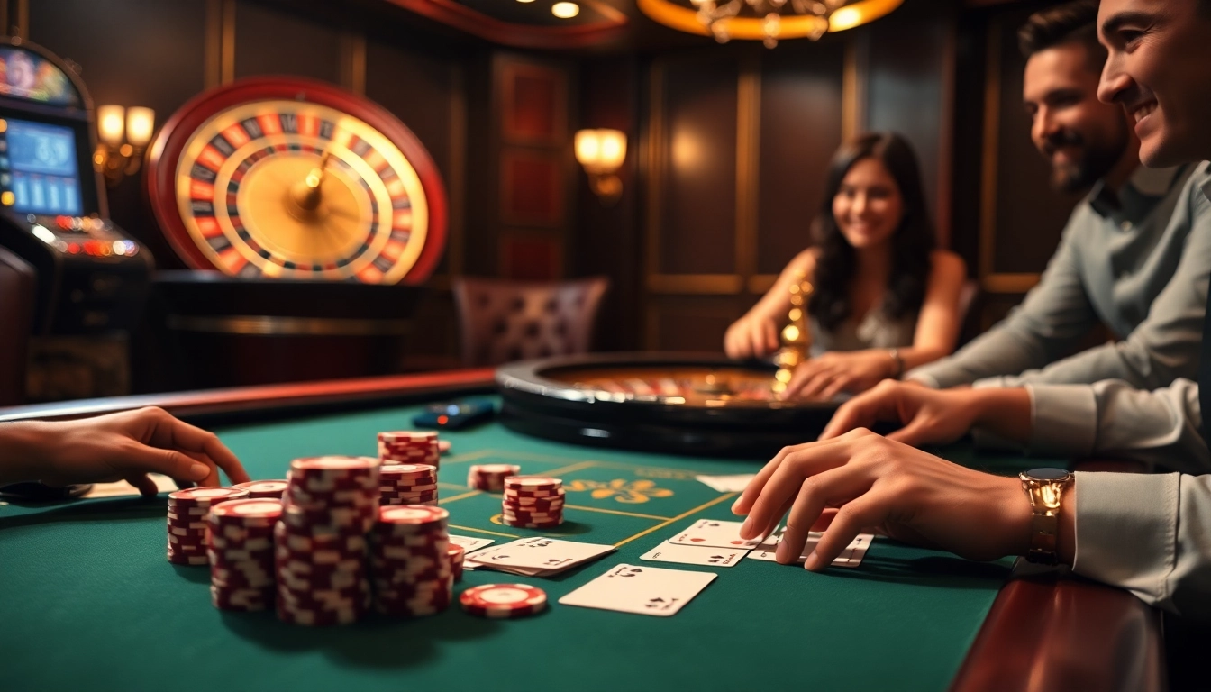 Engage with the thrilling ambiance of 79King casino, showcasing an exciting poker table and roulette wheel.