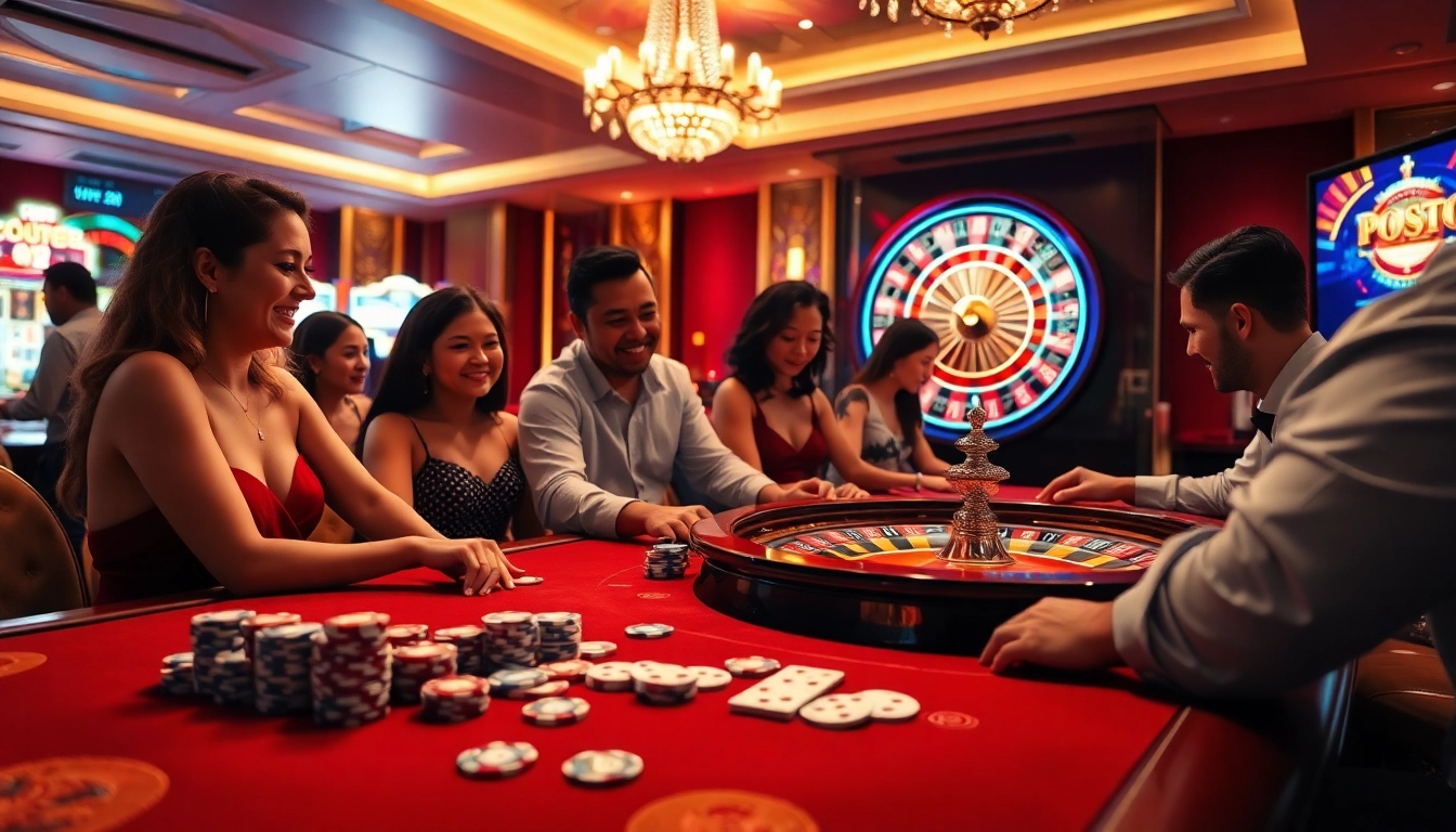 Engaging scene of a casino with players at a poker table and a glowing slot machine showcasing https://nk88uk.com/.