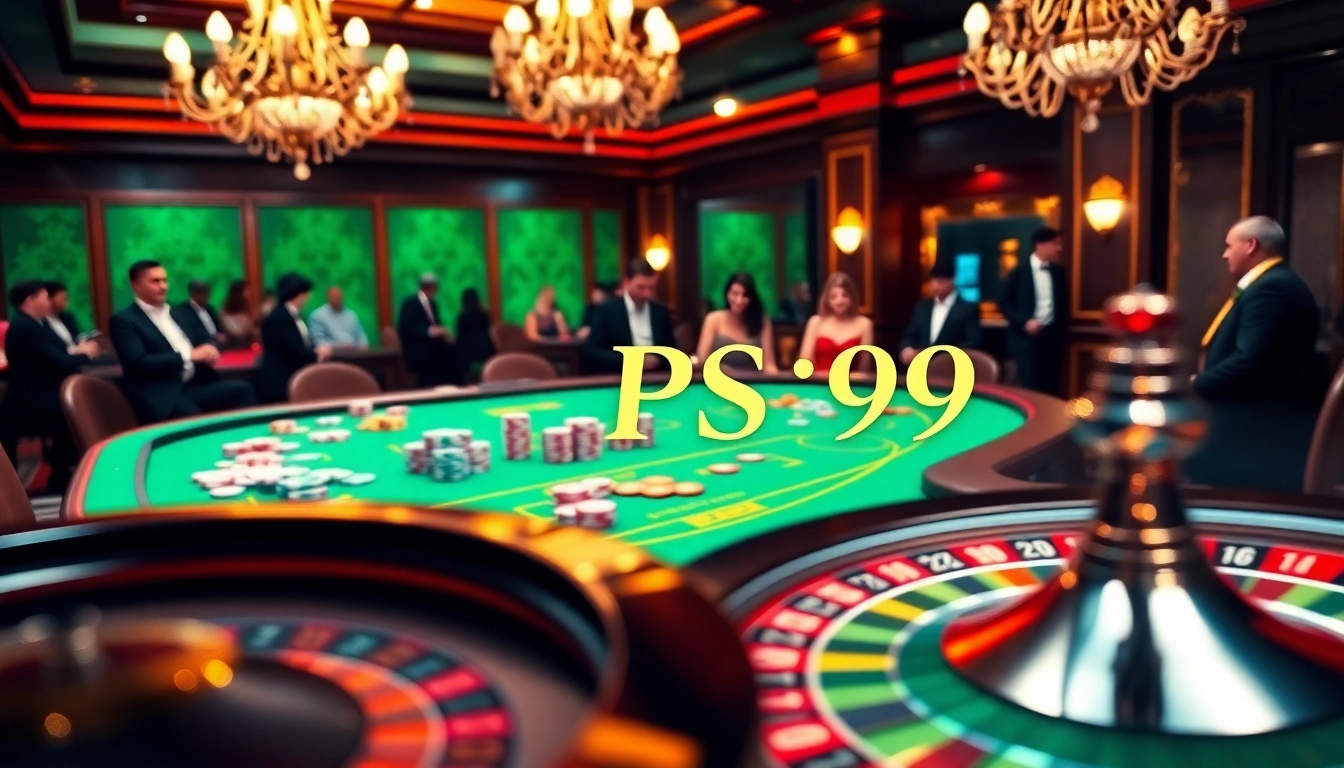 Engaging casino scene showcasing PS 99 with vibrant poker tables and roulette wheels.