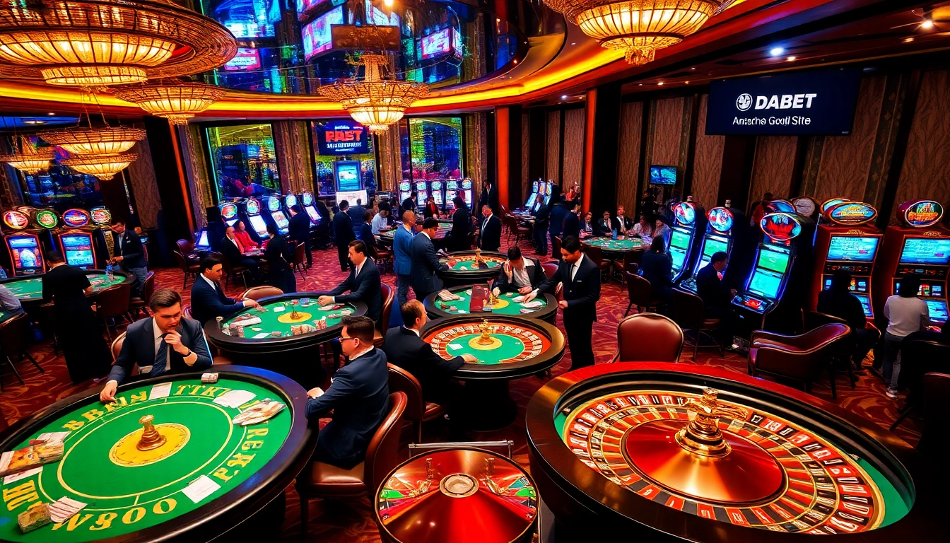 DABET offers an exciting casino experience with poker tables, vibrant slot machines, and roulette wheels.
