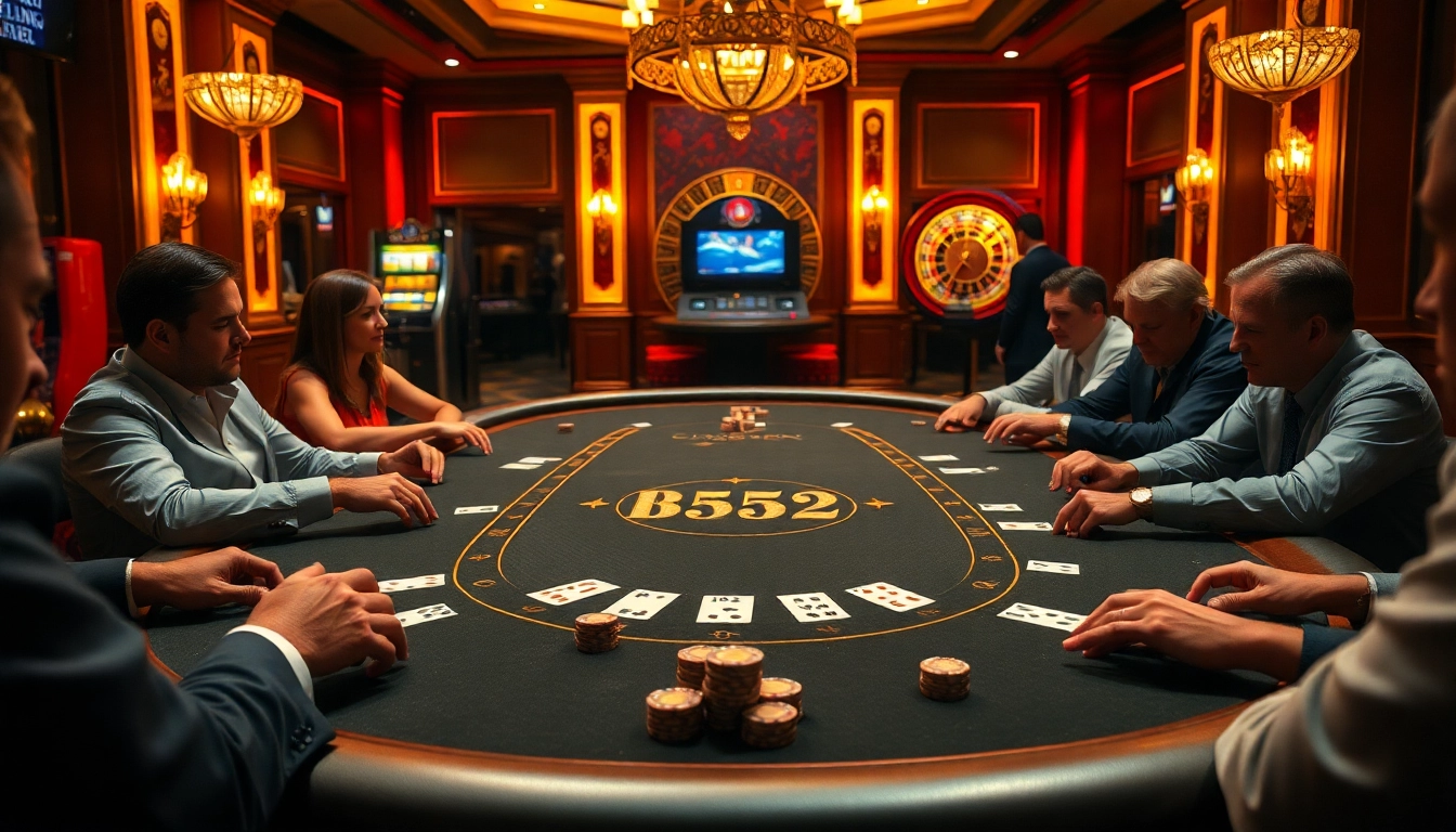 Engage in thrilling B52 poker action surrounded by luxurious casino elements and vibrant gaming atmosphere.