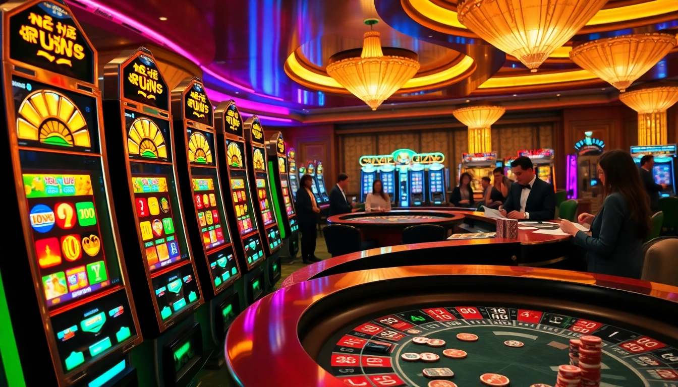 Excited players engaging in nổ hũ slot machines in a vibrant casino environment.