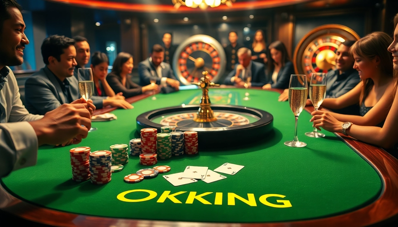 Play poker at OKKING's luxurious table with vibrant chips and a roulette wheel in a sophisticated setting.
